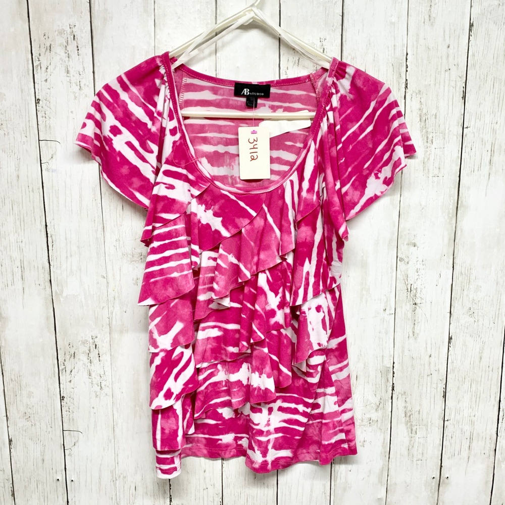 AB Studio Ruffle Tiered Blouse Womens Size M Pink White Tie Dye Short Sleeve Top